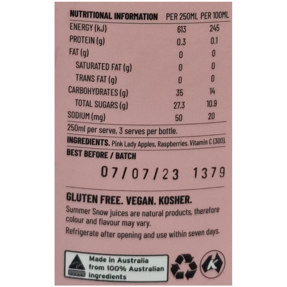 Summer Snow Pink Lady & Raspberry Sparkling Juice 750ml Farmbox Co.